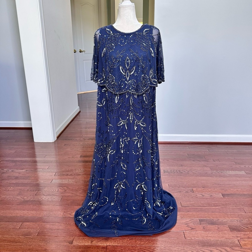 Roman's Navy Blue Silver Unique Beaded Embellished Draped Cape Gown Dress 24W